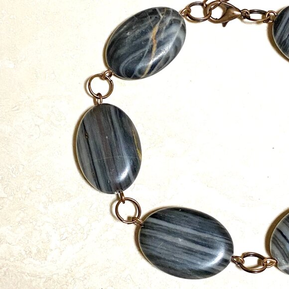 2/$20, Dark Banded Agate Boho Bracelet, Large Genuine Gemstone + Copper Links - Picture 4 of 12